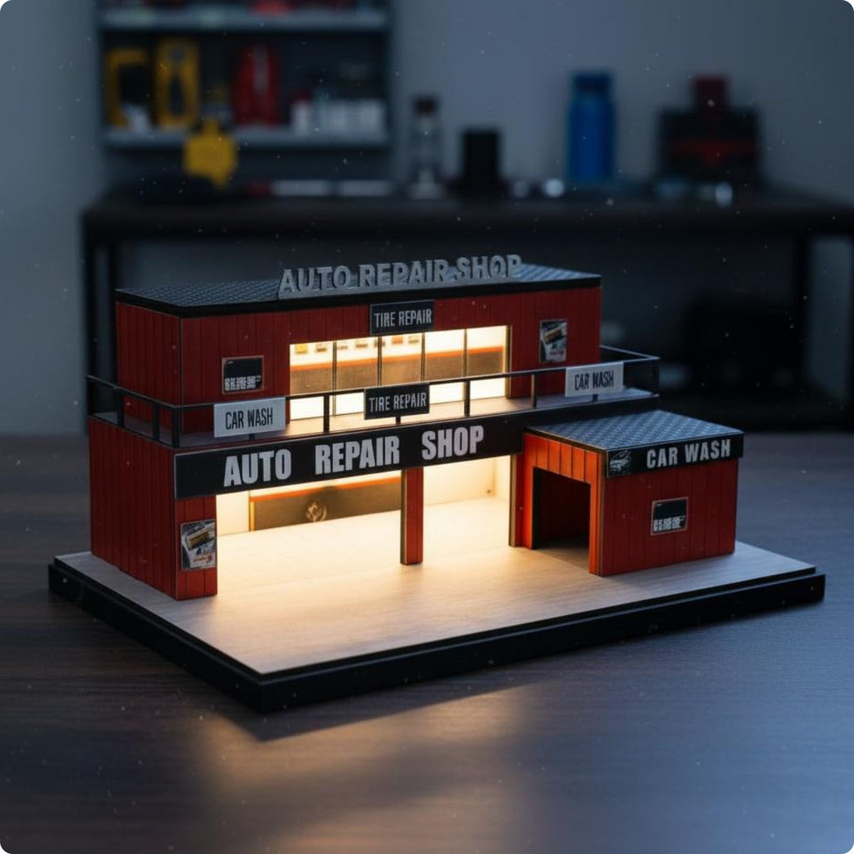Lighted Parking Scene Model LED Lights Diecast Garage Model Realistic Details Miniature Auto Shop for Collectors