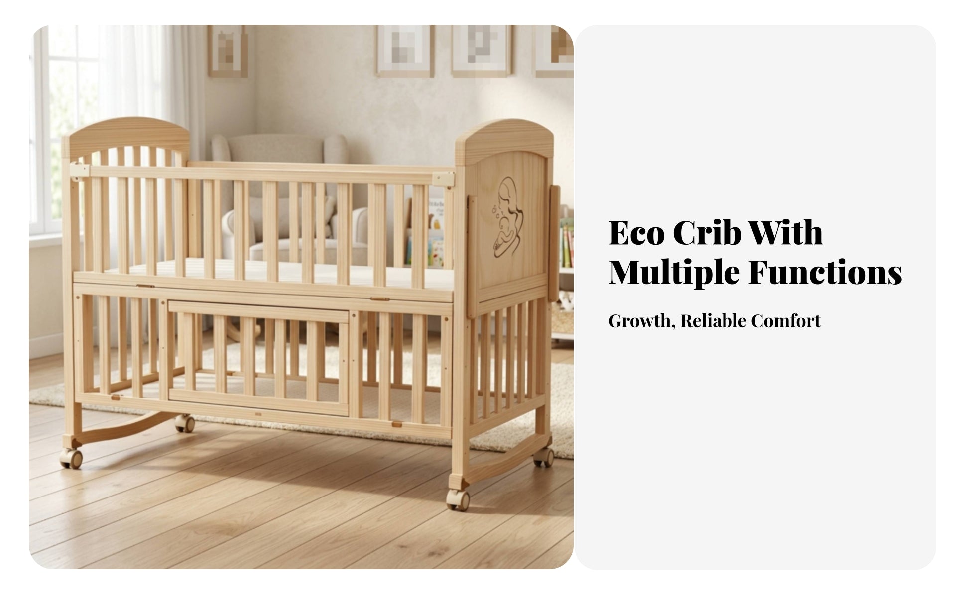 Slatted Wooden Crib Natural Wood Finish Wooden Baby Crib Multi-Functional Enclosed Base
