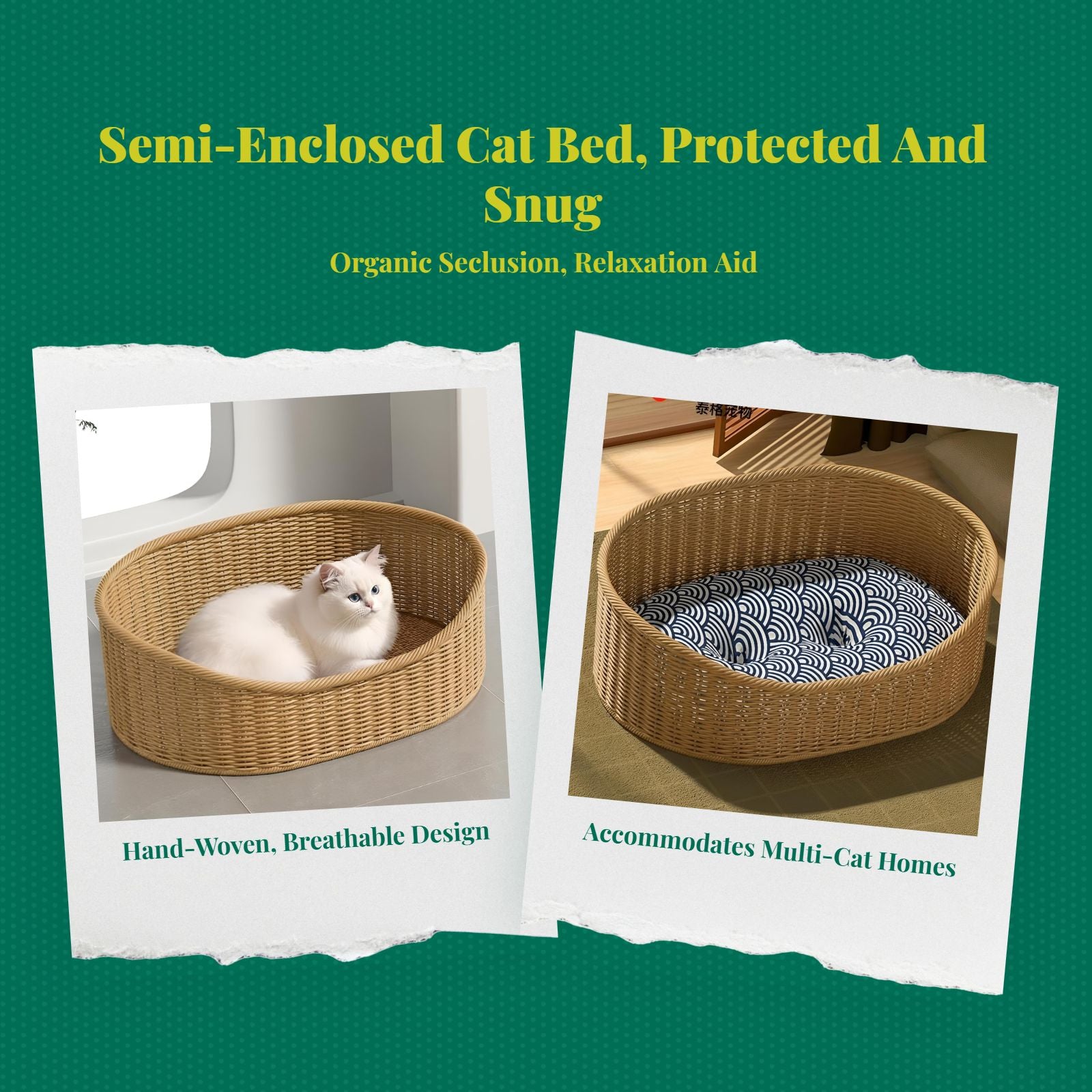 Woven cat bed with removable cushion