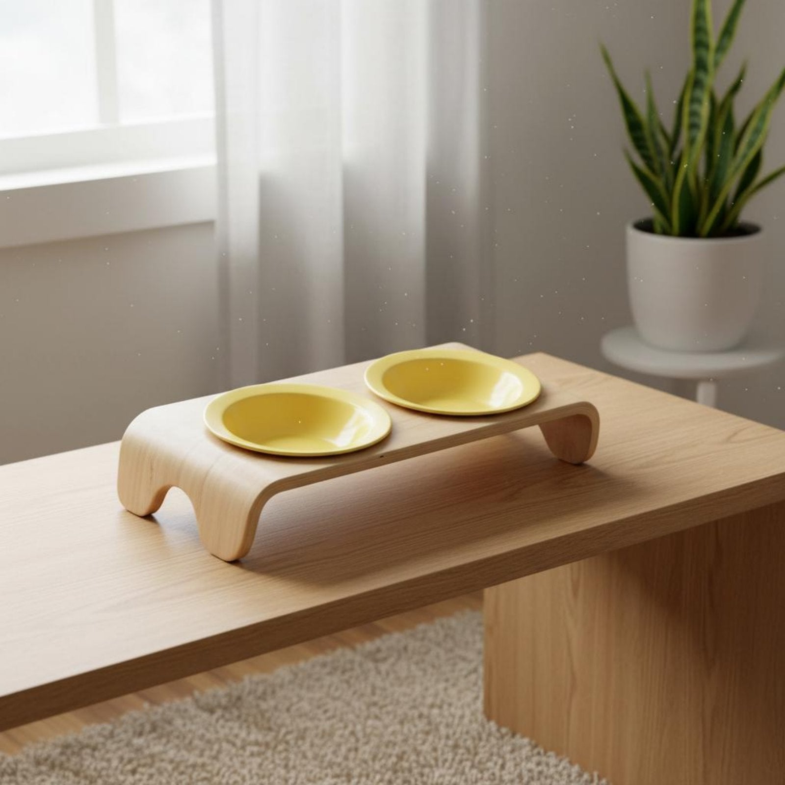 Raised Double Feline Bowl Arched Legs Wooden Feline Bowl Stand 150 Ml Capacity
