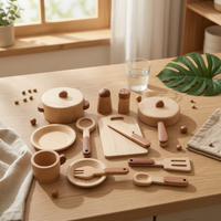 15 Pieces Pretend Play KitchenSet Brown Accents Wooden Cookware Playset Smooth Rounded Edges Kids Cooking Playset for Children