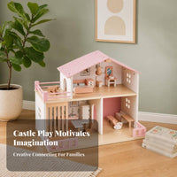 Wooden Dollhouse Balcony Railings Two-Story Dollhouse Realistic Details Children's Play Home