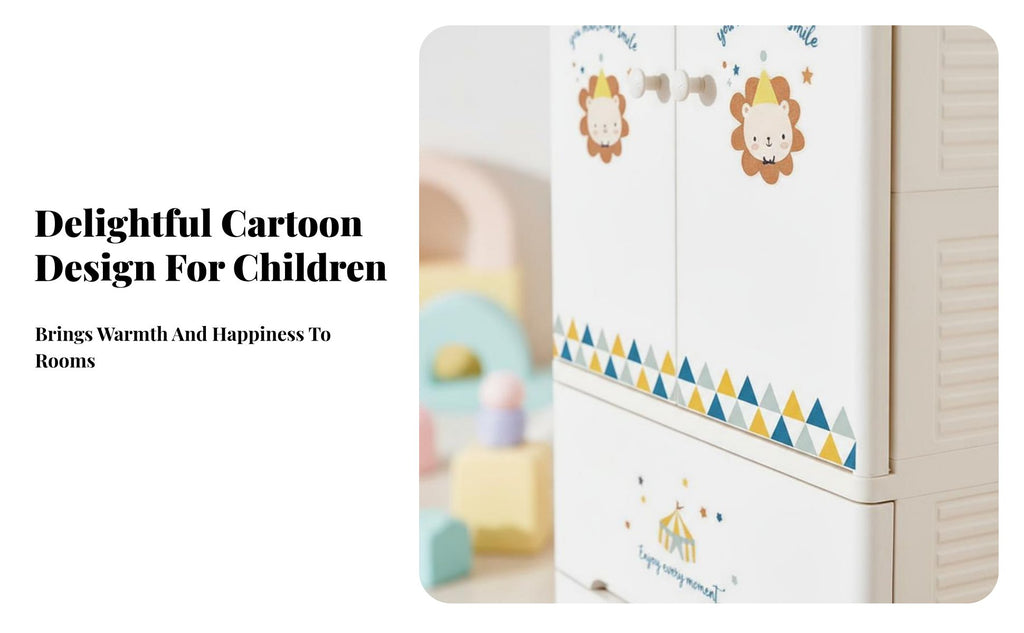 Wheeled kids' wardrobe Rounded Corners Storage Cabinet Cute creature Design Lockable Top Drawer for Children, Infants