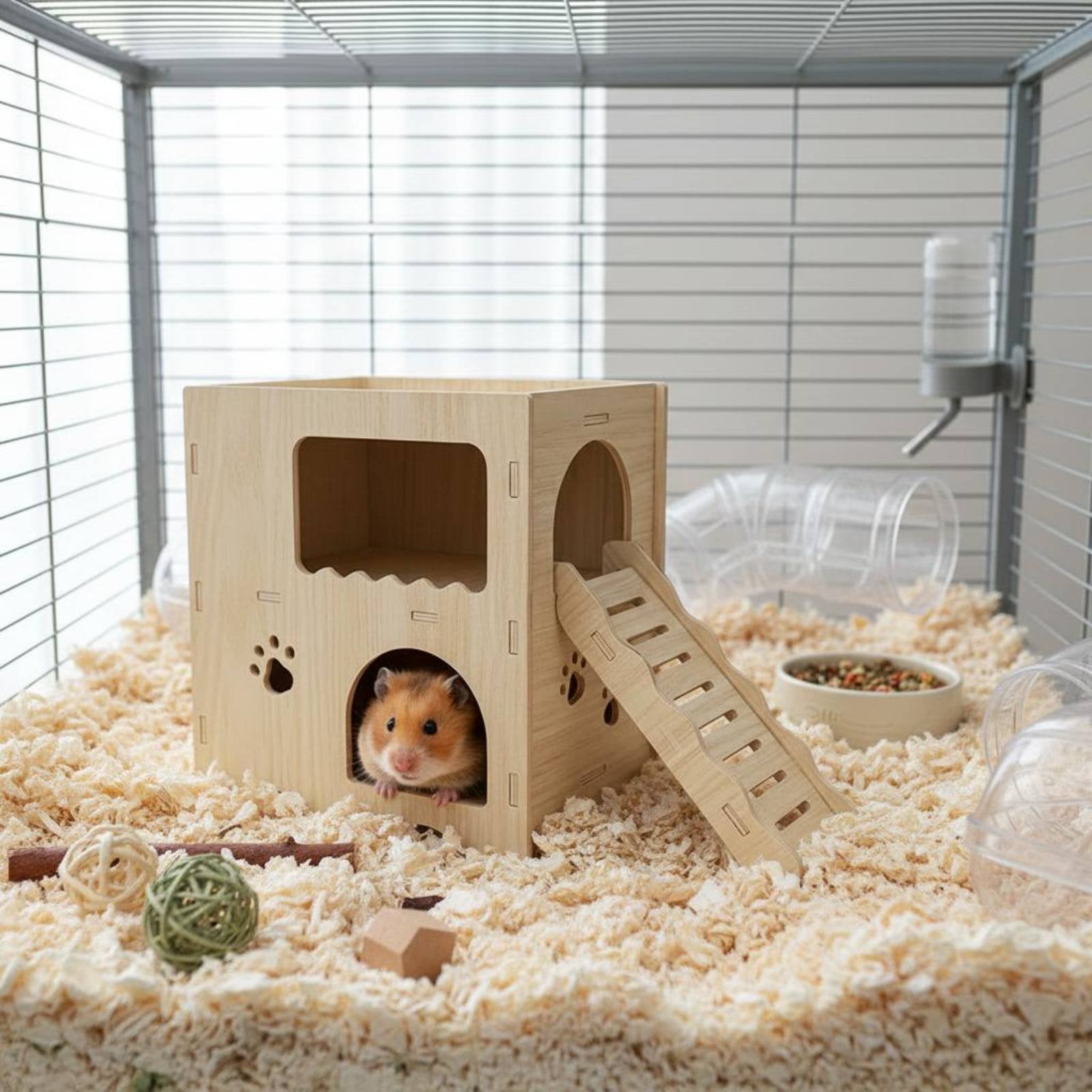 2-Story Hamster Hideout Solid Wood Wooden Hamster House with Ramp Easy Assembly