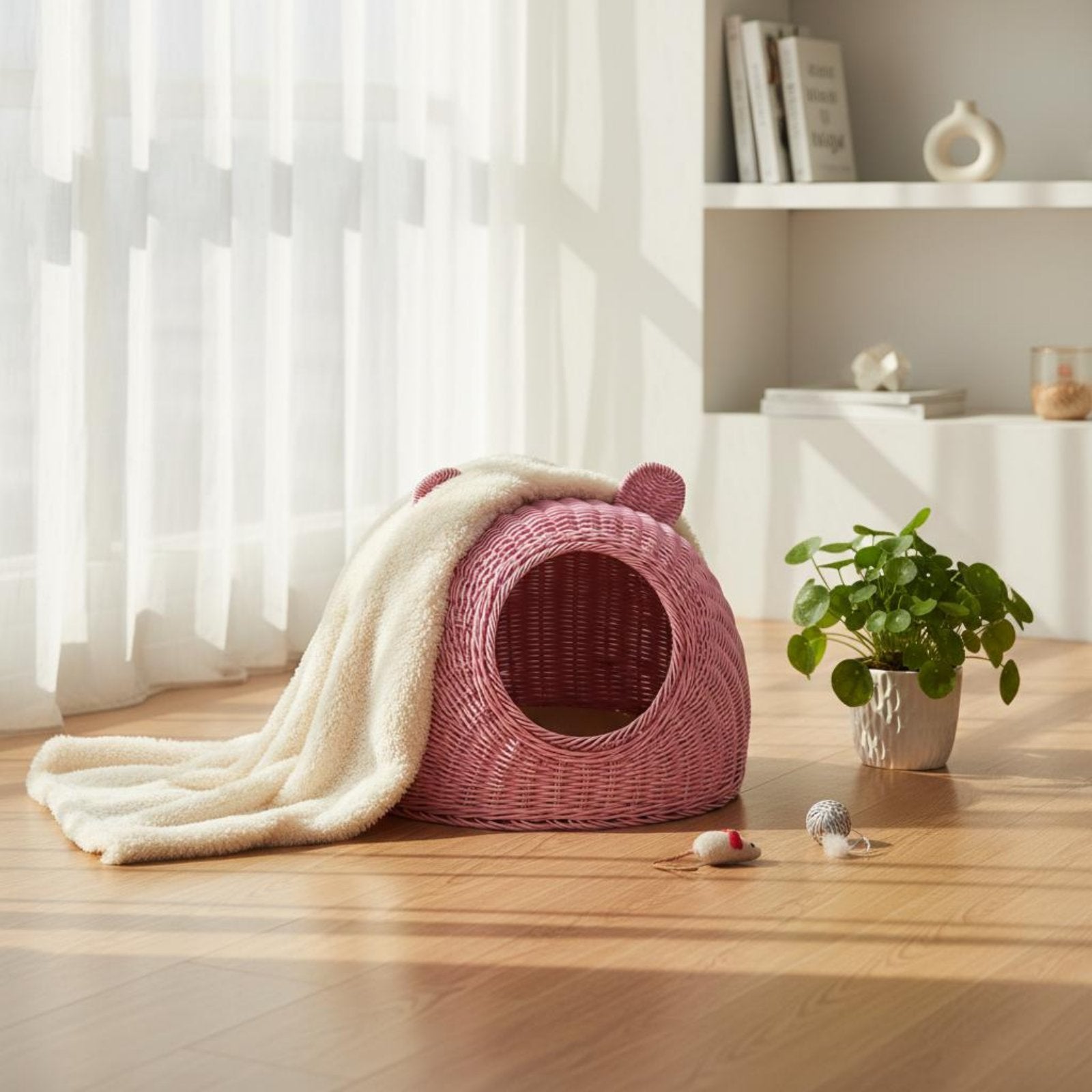 Woven Cat Bed Washable Rattan Cat Nest Pet House for Balcony, Patio