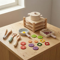Wooden Play Kitchen Multi-Part Wooden Cooking Set Smooth Finish Role-Play Kitchen Set