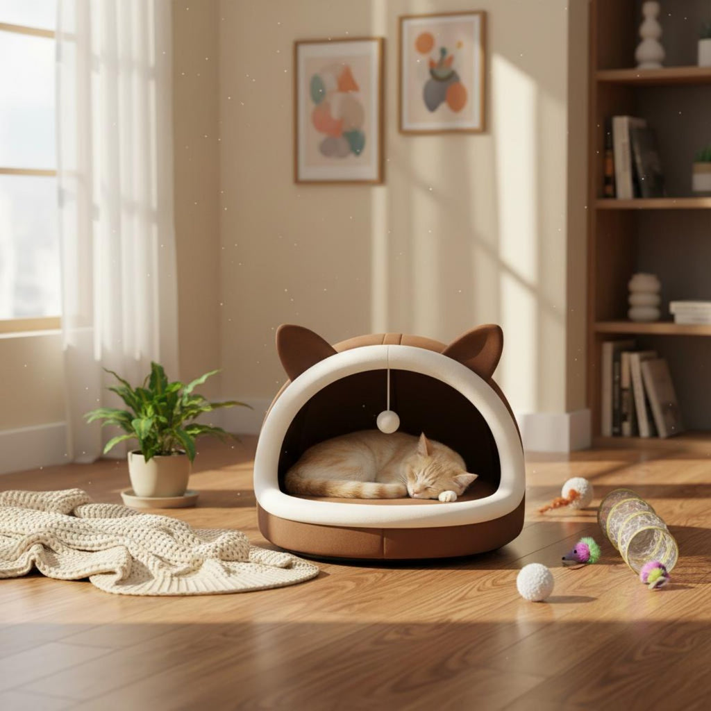 Semi-Enclosed Cat Nest Washable Cat Ear Pet Bed Soft and Comfortable for Indoor