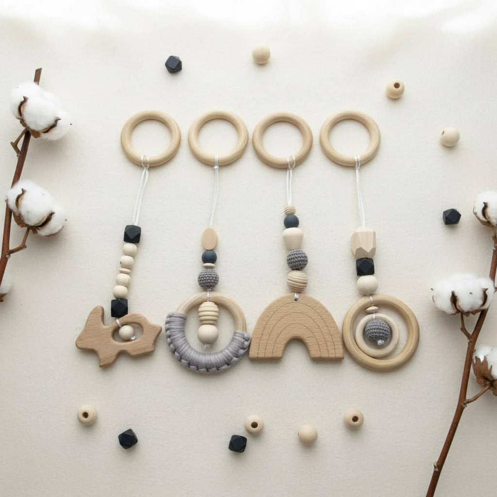 4 Pieces Wooden Baby Gym Toy Set Rainbow Wooden Infant Activity Gym for Crib