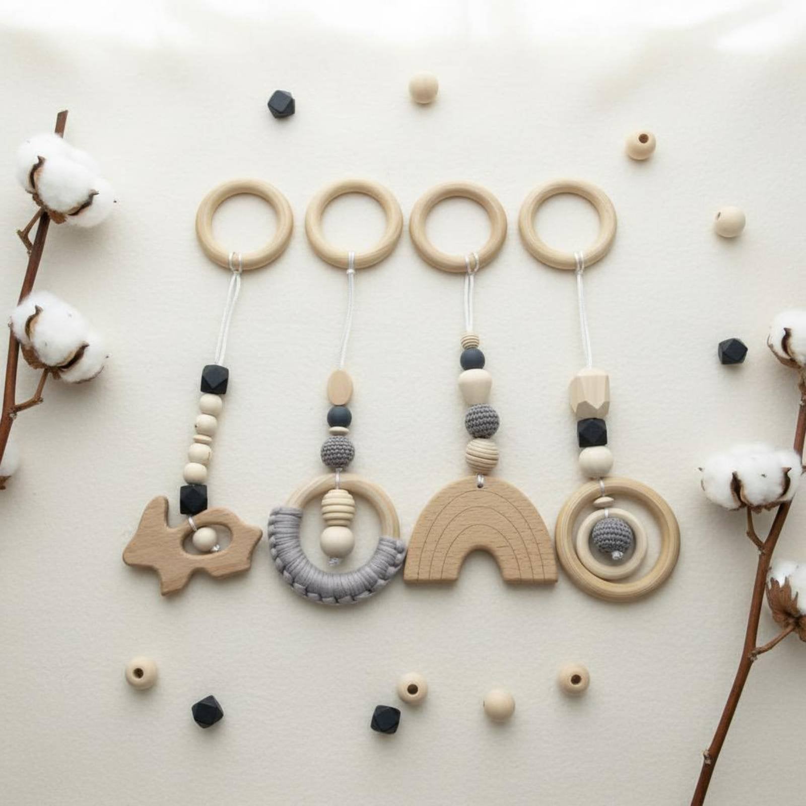 4 Pieces Wooden Baby Gym Toy Set Rainbow Wooden Infant Activity Gym for Crib