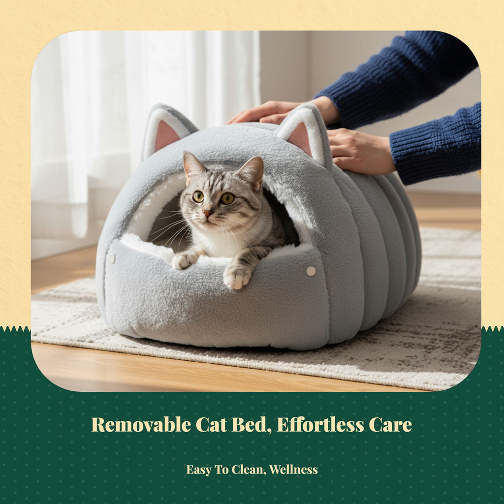 Winter Plush Cat Cave Bed, Non-Slip, Calming, Easy Clean