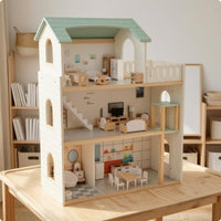 Multi Level Dollhouse Miniature Furniture Furnished Doll House Role Playing Wooden Play House for Children