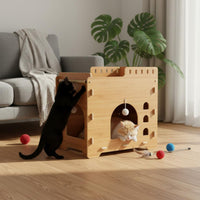 Wooden Cat Treehouse Scratcher Construction 2 Tier Cat House Easy Assembly Pet Furniture for Kittens