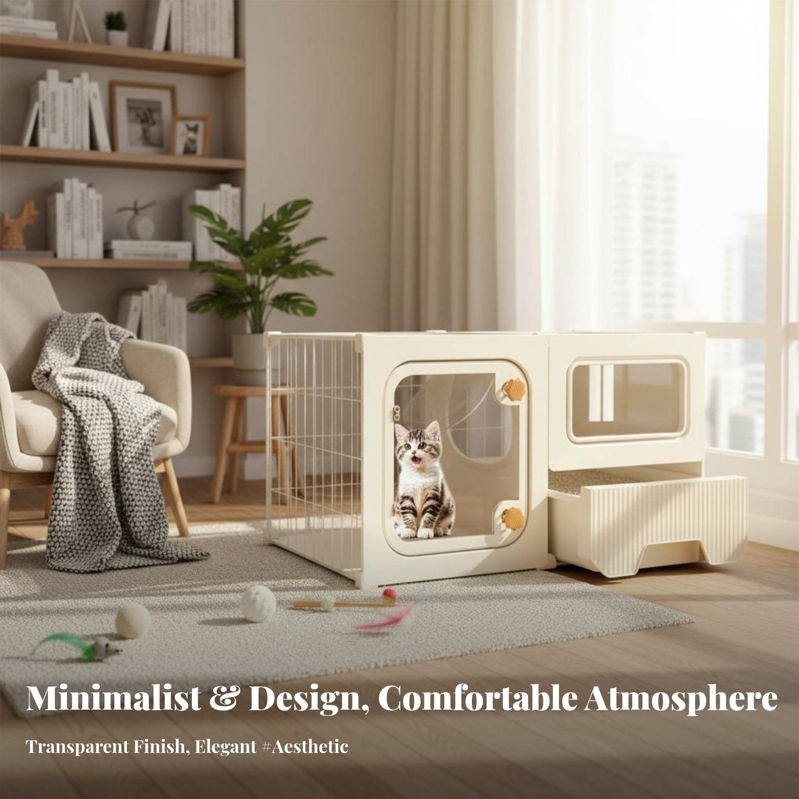 Integrated Feline Enclosure Panoramic View Pet Playpen Secure Locks for Indoors
