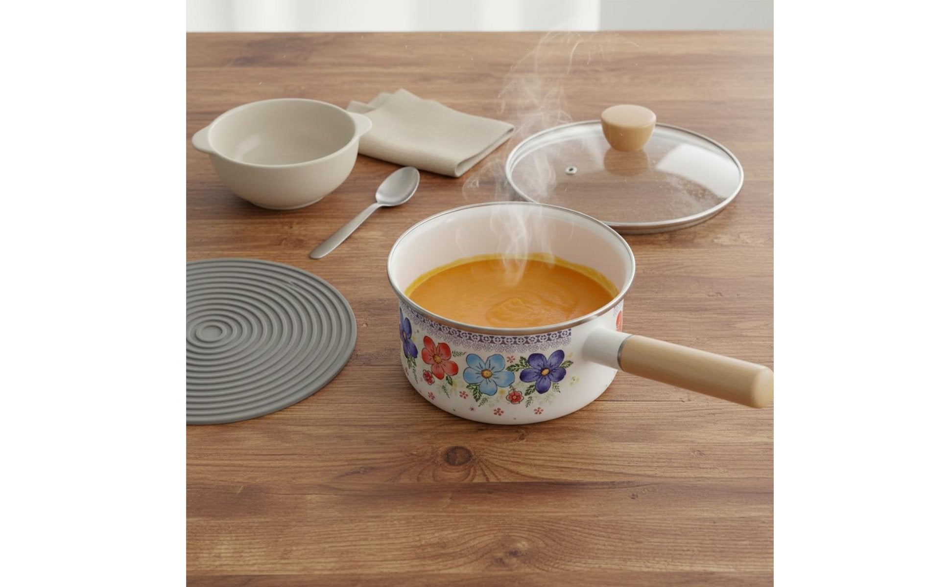 Infant Meals Pot Cute Floral Design Lidded Milk Pan Crack-Resistant for Infants