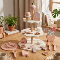 Wooden Dessert Stand Toy Rounded Edges Pretend Tea Time Set Printed Details