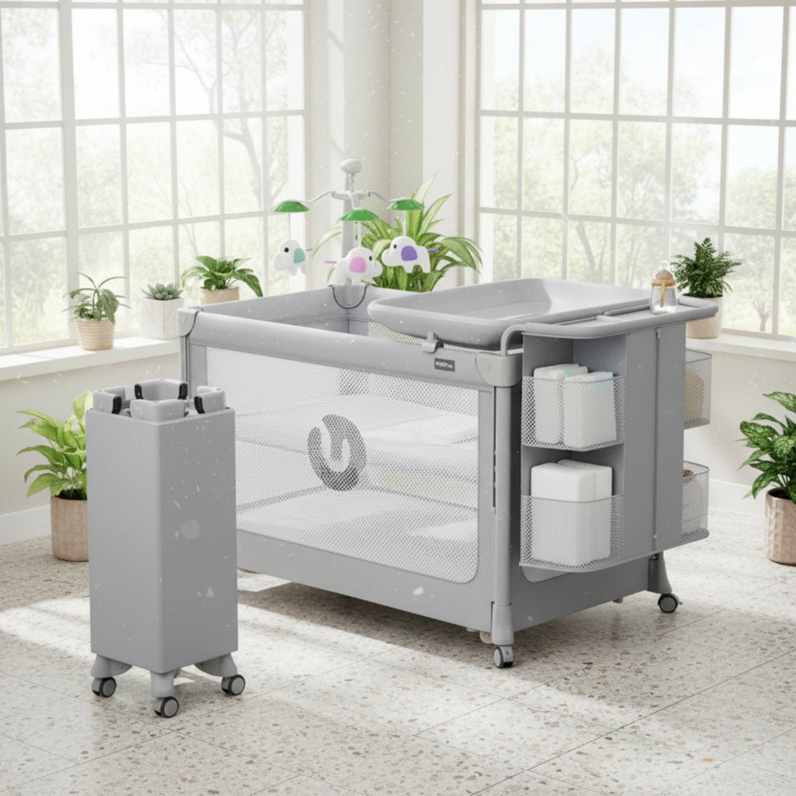 Multifunctional Baby Crib Adjustable Height Rolling Baby Bassinet for Newborns