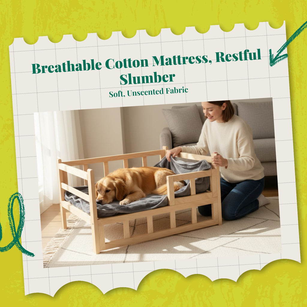 Elevated wooden pet bed, breathable
