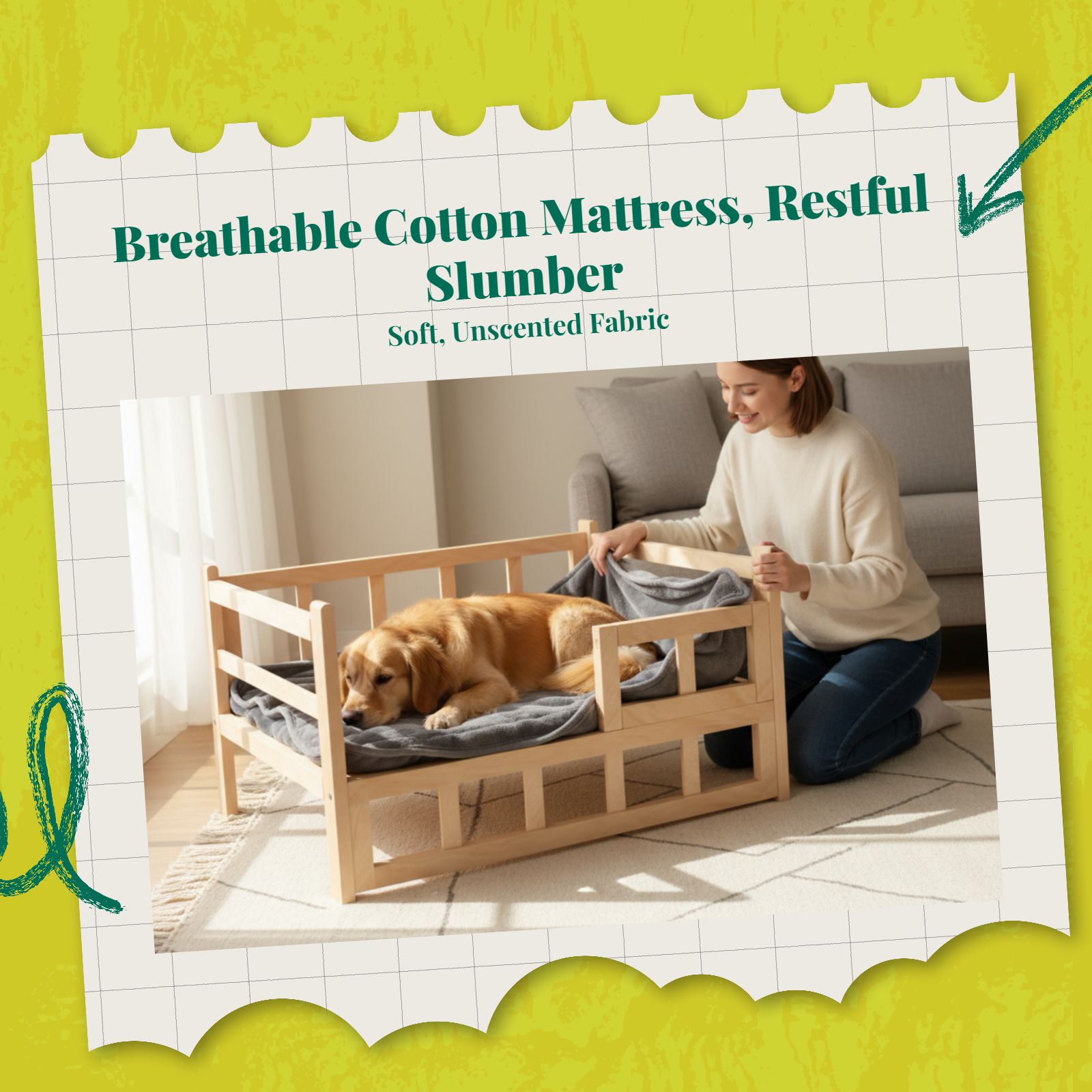 Elevated wooden pet bed, breathable