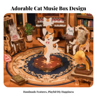 Cat Gathering Music Box, DIY 3D Wooden Model Kit, Rotatable Assembly Model