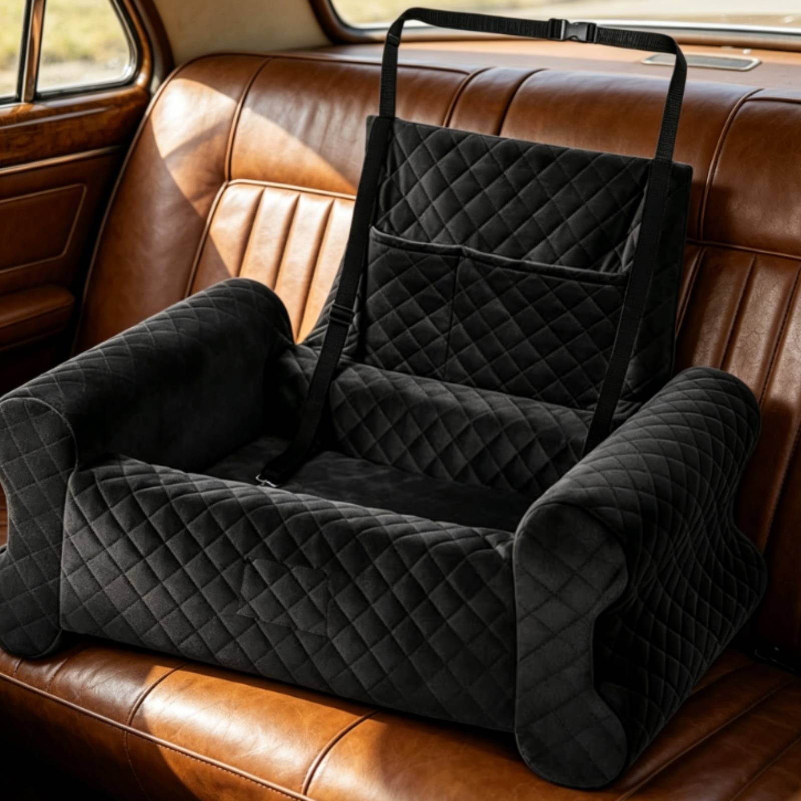 Dog Car Booster Bed Removable Washable Cover Puppy Vehicle Pet Bed Thick Seatbelt Straps Lookout Booster for Road Trips
