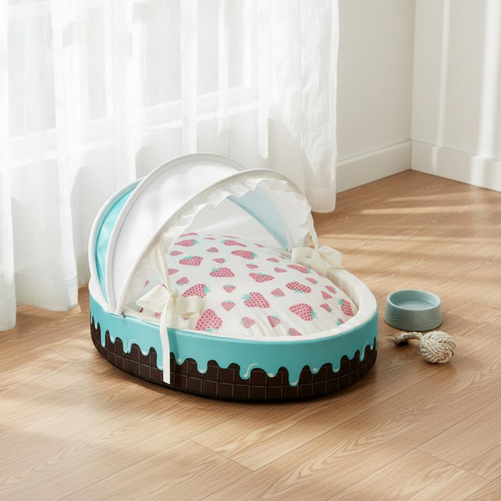 Ice Cream Pet Bed Reversible Cushion Round Feline Dog Bed for Young Dogs