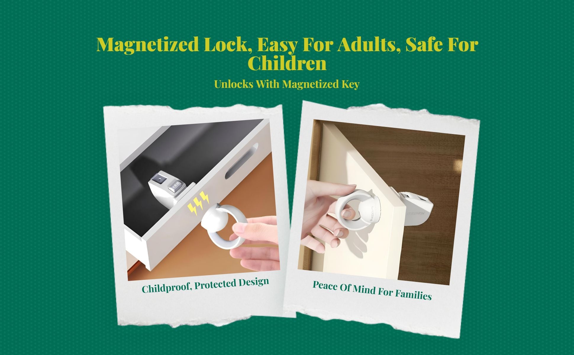 Attractive toddler childproof locks, discreet toddler protection cabinet fasteners, no-drill sticky backing for drawers, cupboards, kitchen, and home.
