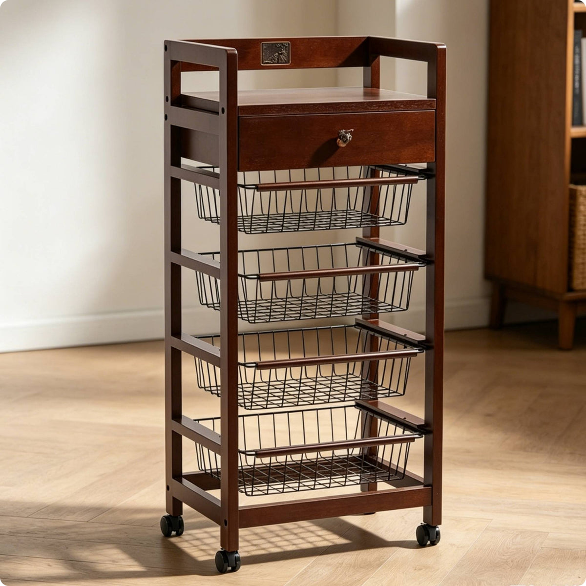 Wood Drawer Basket Trolley Open Frame Rolling Trolley with Drawer Brown Finish