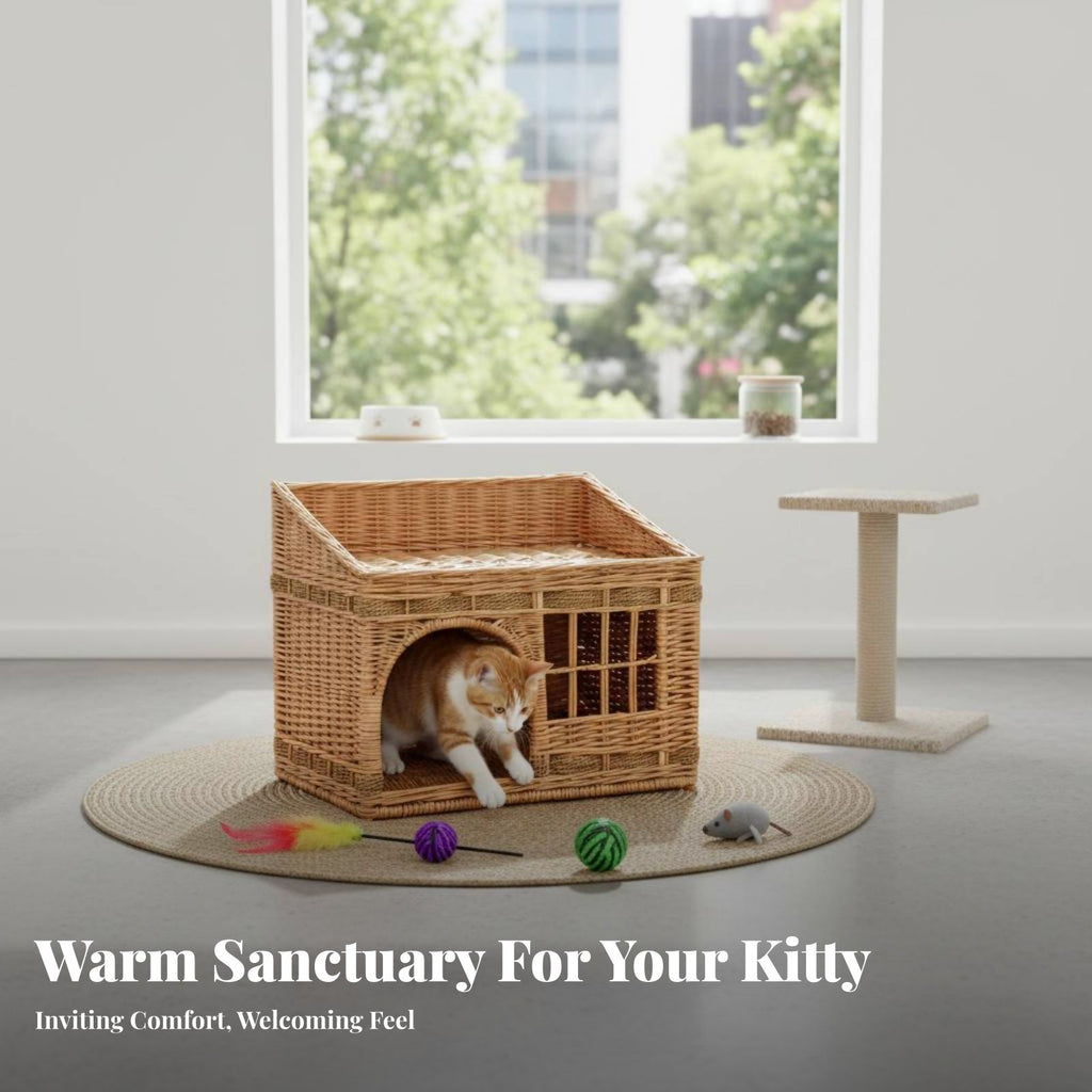 Wicker Cat House Handwoven Enclosed Cat Bed Rattan Pet Kennel Easy to Clean Enclosed Pet Bed Stylish Design for Kittens, Bedroom