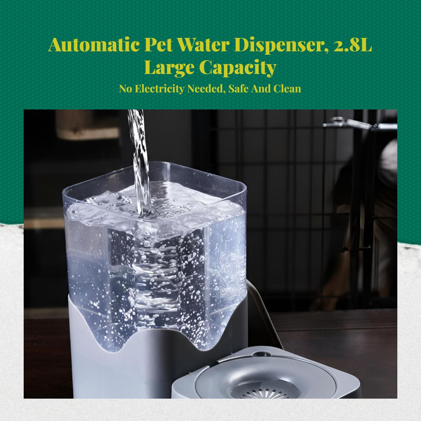 Pressure-fed pet water bowl, no power