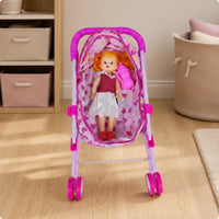 Rose-Colored Doll Carriage Metal Frame Toy Pram Curved Handle for Pretend Play
