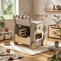 Wooden Play Kitchen Cart Pretend Cooktop Top Rolling Play Kitchen Cart Sink Area for Young Children