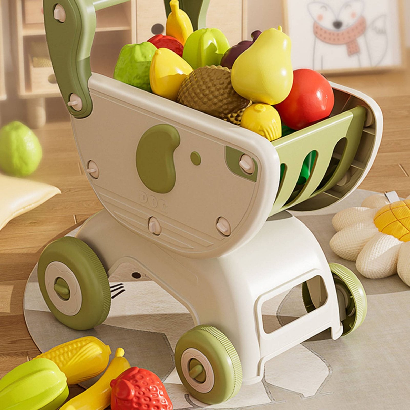 Multi-Functional Baby Stroller Shopping Trolley Anti-Tip Over Kids Grocery Trolley Toy Cute Creature Design for Playroom