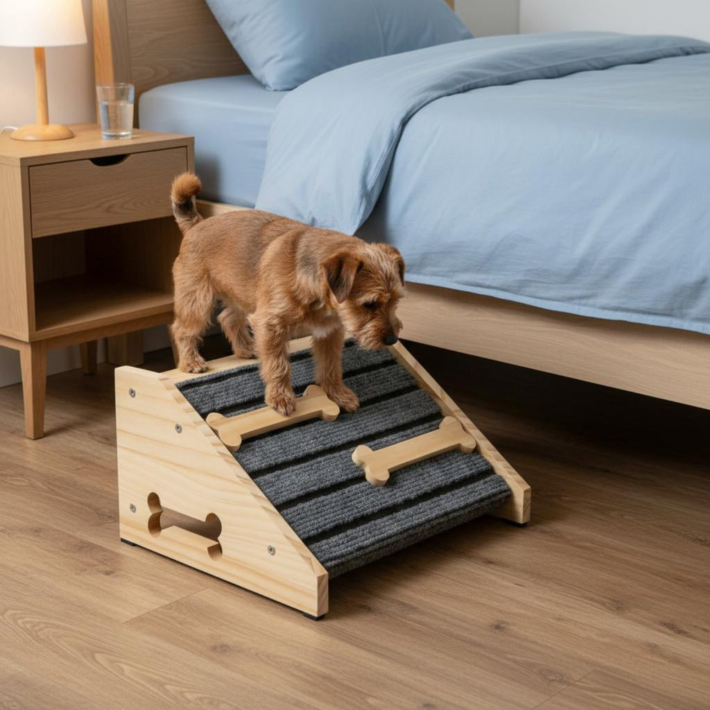 Wooden Dog Stair Ramp Gentle Slope Carpeted Pet Step Ramp Reduces Strain