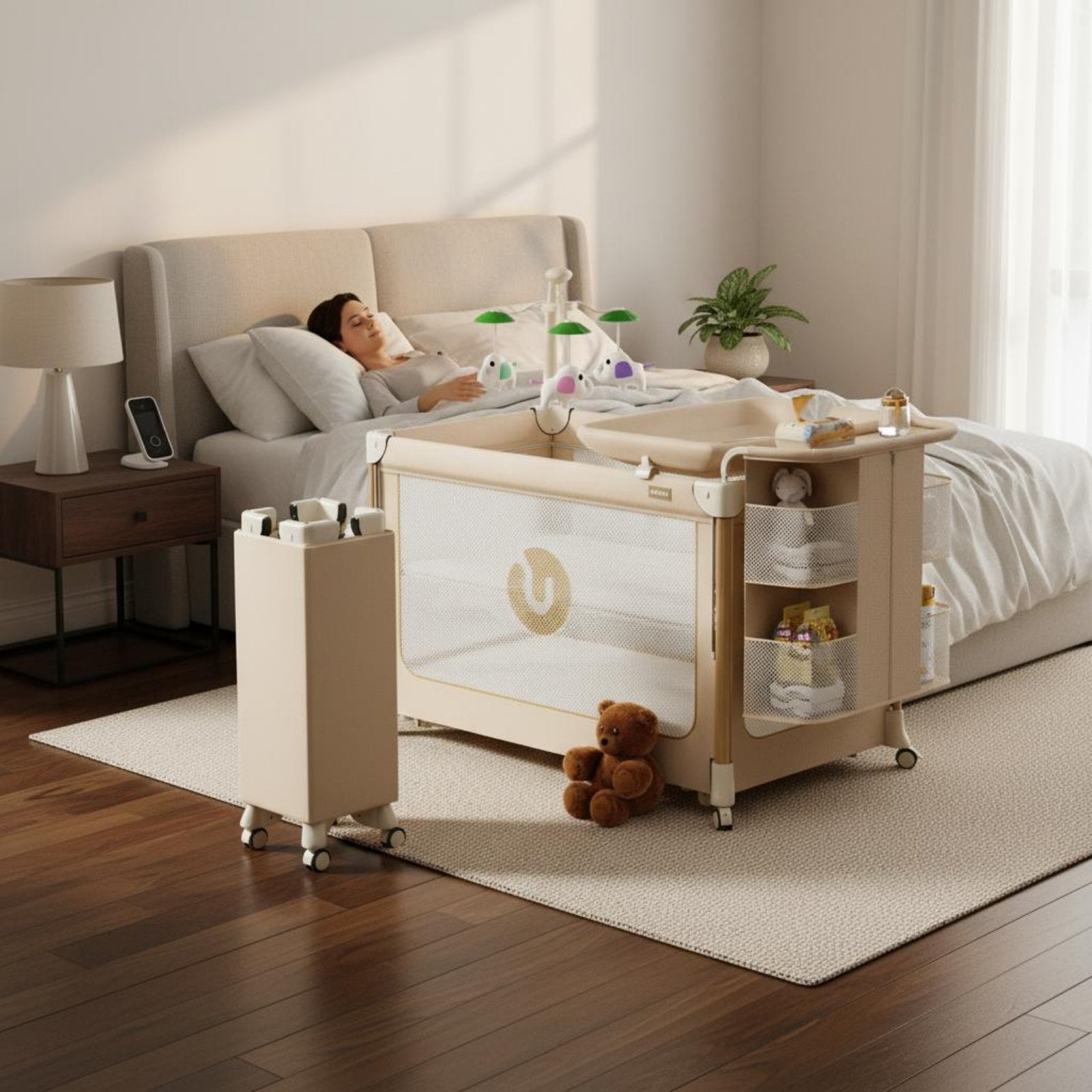 Multifunctional Baby Crib Adjustable Height Rolling Baby Bassinet for Newborns