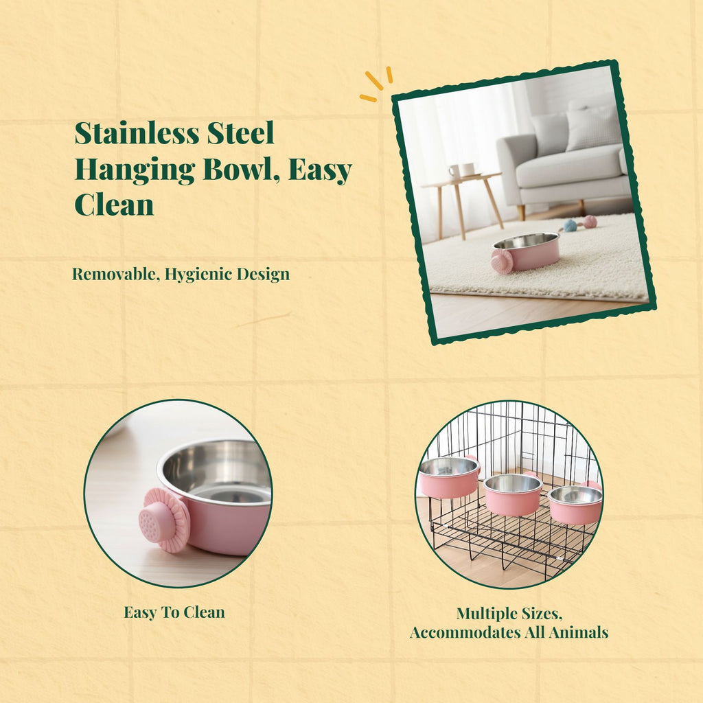 Pet Food Bowl, Hanging Stainless Steel Dog Cat Feeder, Leak-Resistant Automatic Water Dispenser, Fixed for Enclosures