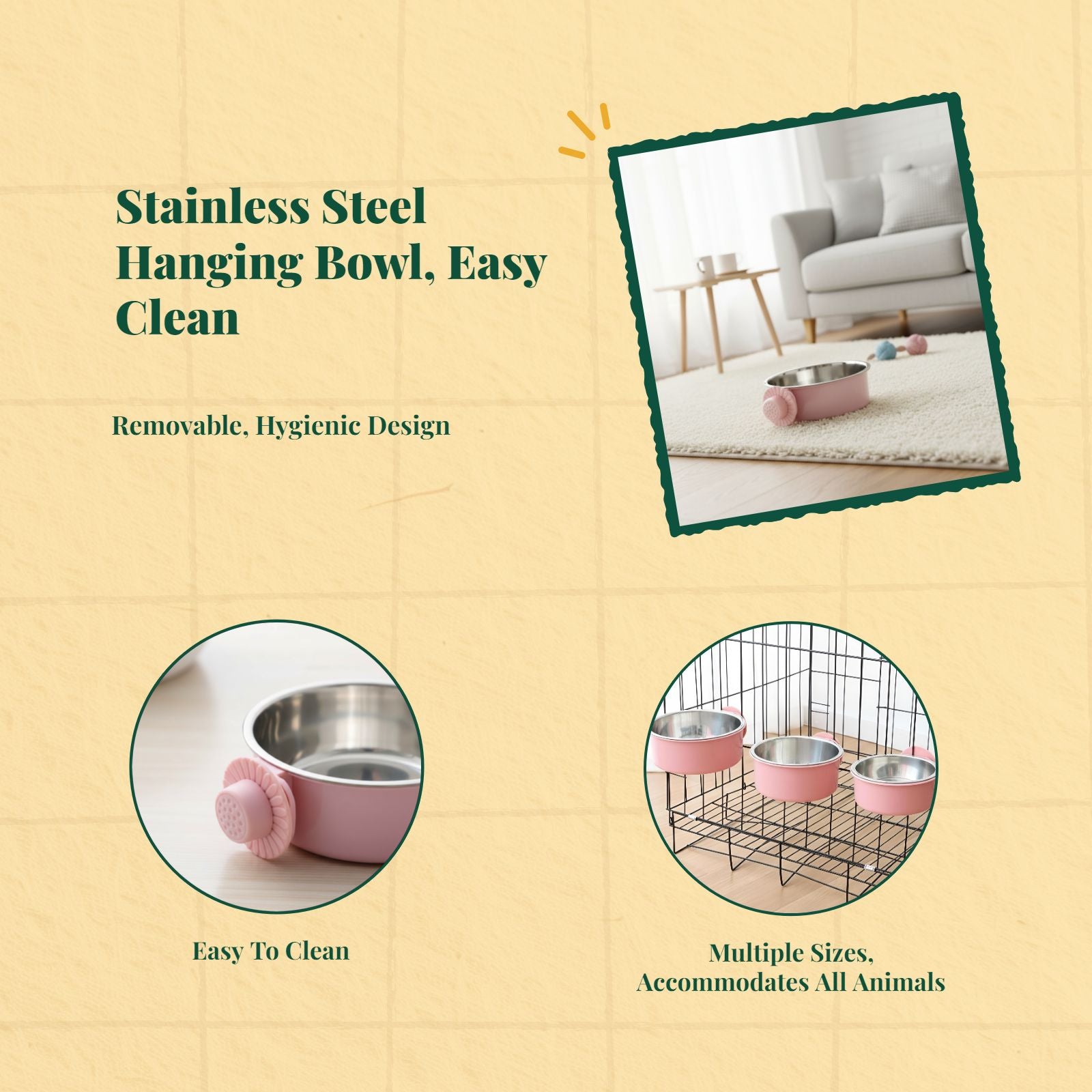 Pet Food Bowl, Hanging Stainless Steel Dog Cat Feeder, Leak-Resistant Automatic Water Dispenser, Fixed for Enclosures