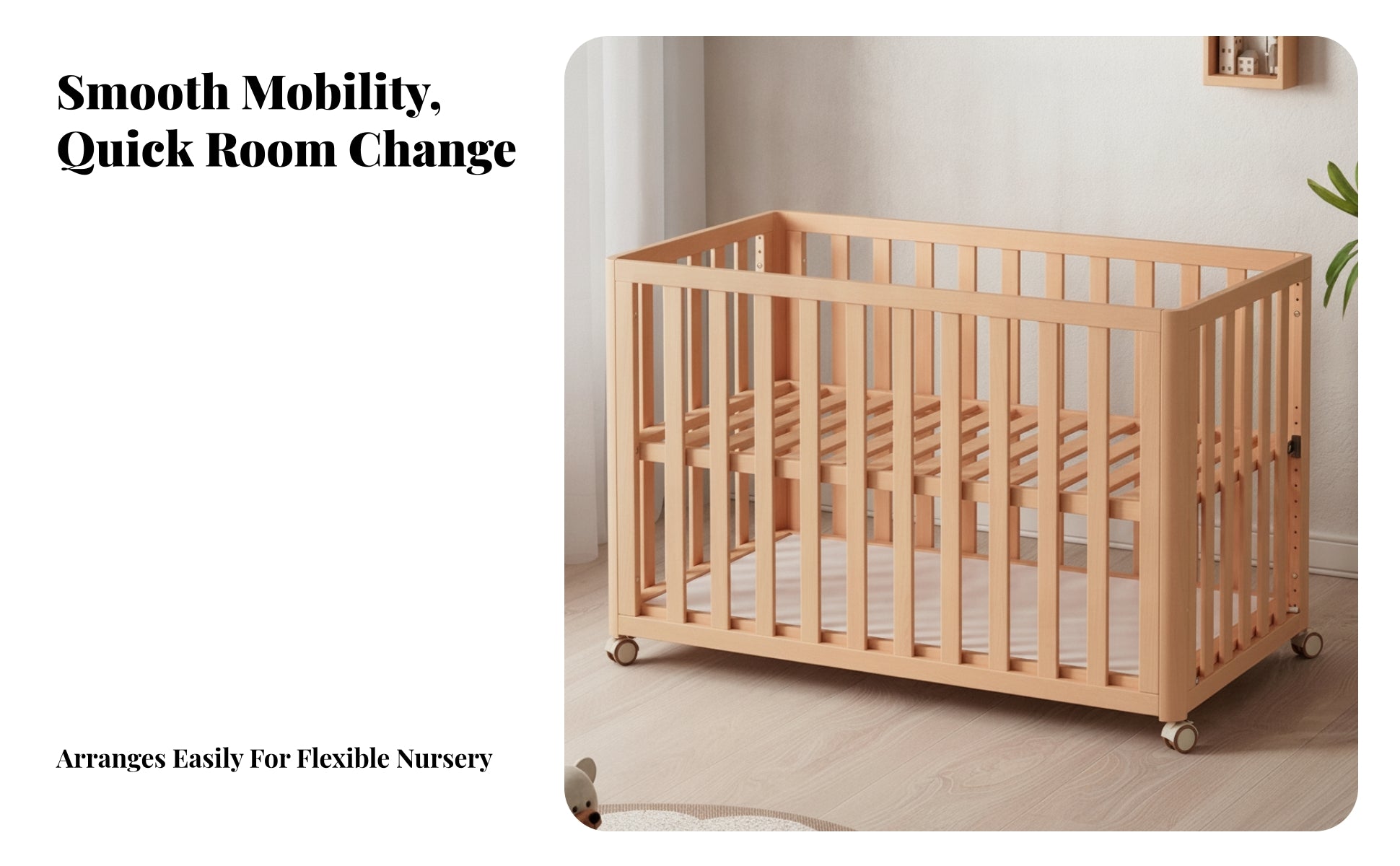 Infant Crib Beech Wood Adjustable Crib Casters for Infants, Young Children