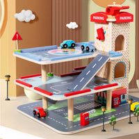 3 Level Car Garage Interactive Play Wooden Parking Center Wooden Parking Garage for Kids