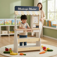 Wooden Pretend Market Stall Freestanding Wooden Market Stall Awning Top Toy Cashier Stand