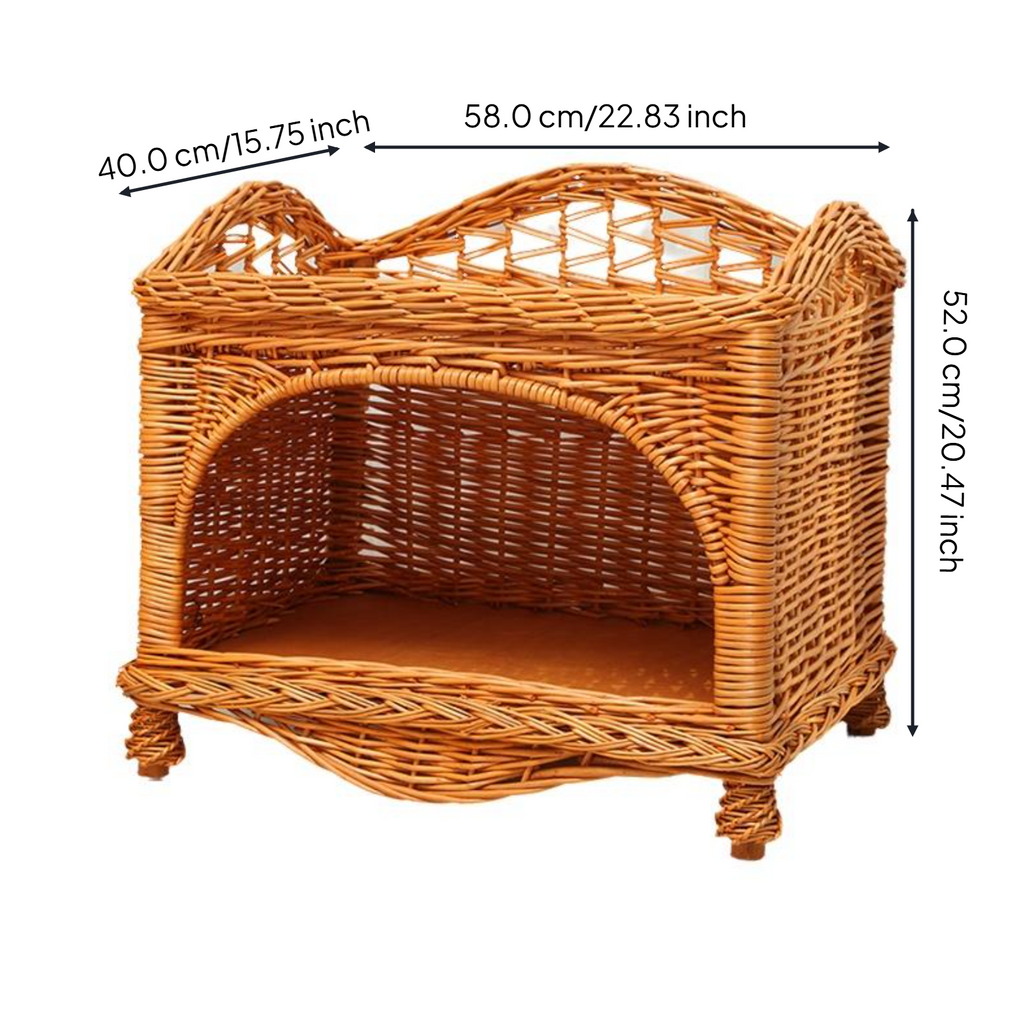 Wicker Cat Bed, 2-Tier Removable Pet House, Rattan Dog Bed