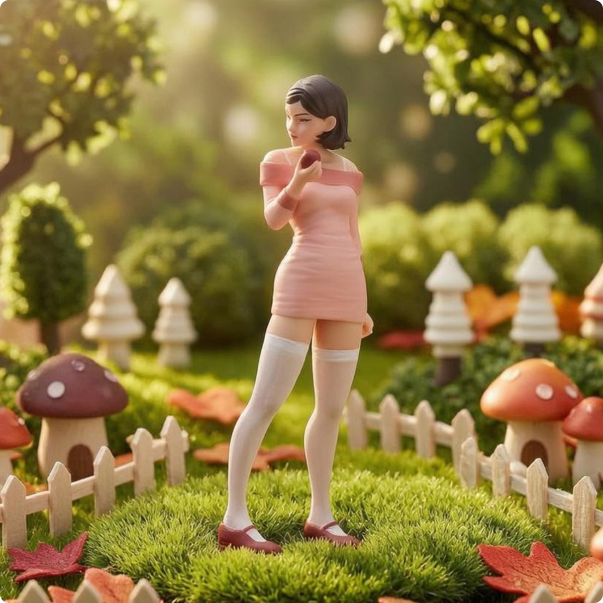 Fruit Holding Girl Figurine Pink Dress Mini Model Brown Hair
