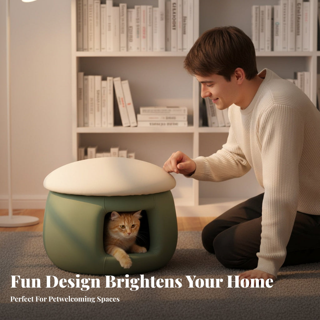 Mushroom-Shaped Cat House Stool Space-Saving Enclosed Pet Retreat Double-functionPurpose Design Multipurpose for Balcony, Indoor