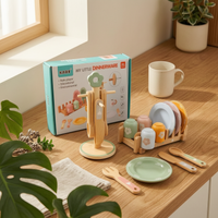 Wooden Dinnerware Set Pastel Painted Play Tableware Set Smooth Rounded Edges Wooden Kitchen Accessories for Kids