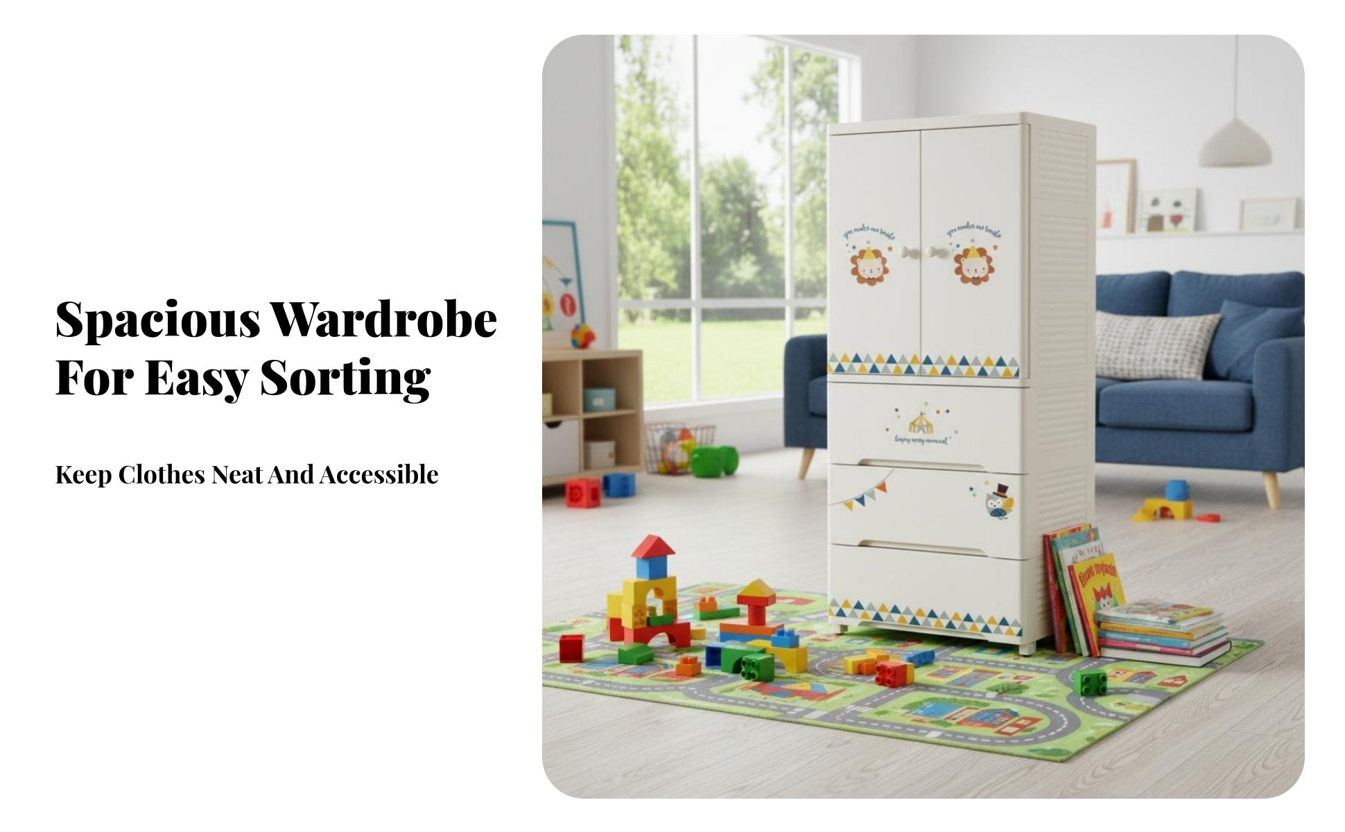 Wheeled kids' wardrobe Rounded Corners Storage Cabinet Cute creature Design Lockable Top Drawer for Children, Infants