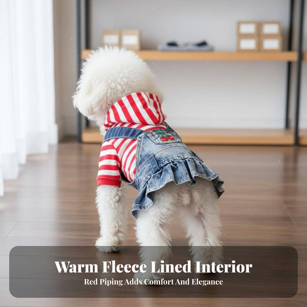 Ruffled Hem Denim Dog Dress Comfortable Fit Puppy Cherry Embroidered Skirt Layered Look for Dogs, Daily Wear, Special Occasions, Parties