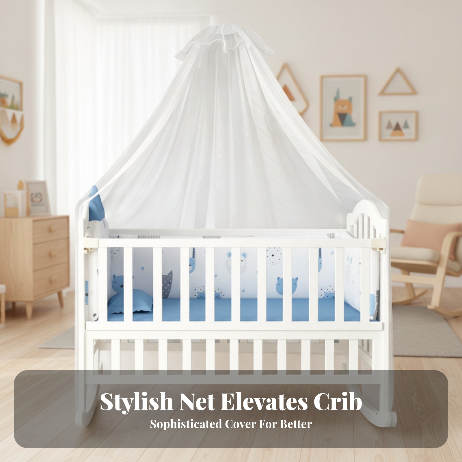 Bug Net Canopy Nursery Rocking Cradle Caster Wheels Rocking Cradle Padded Mattress for Babies, Toddlers