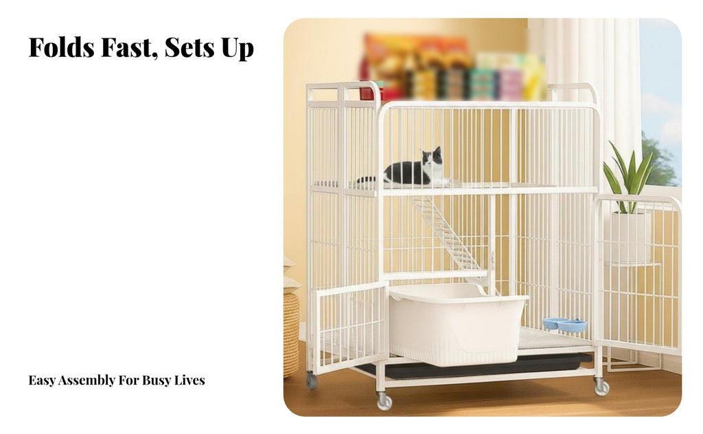 3-Tier Foldable Cat Kennel Integrated Litter Box Multi-Level Cat Crate Large Space Spacious Interior for Indoors, Home, Bedroom