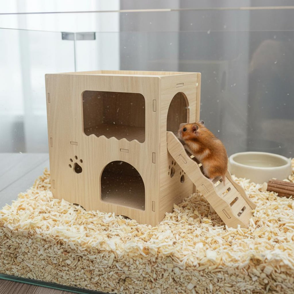 2-Story Hamster Hideout Solid Wood Wooden Hamster House with Ramp Easy Assembly