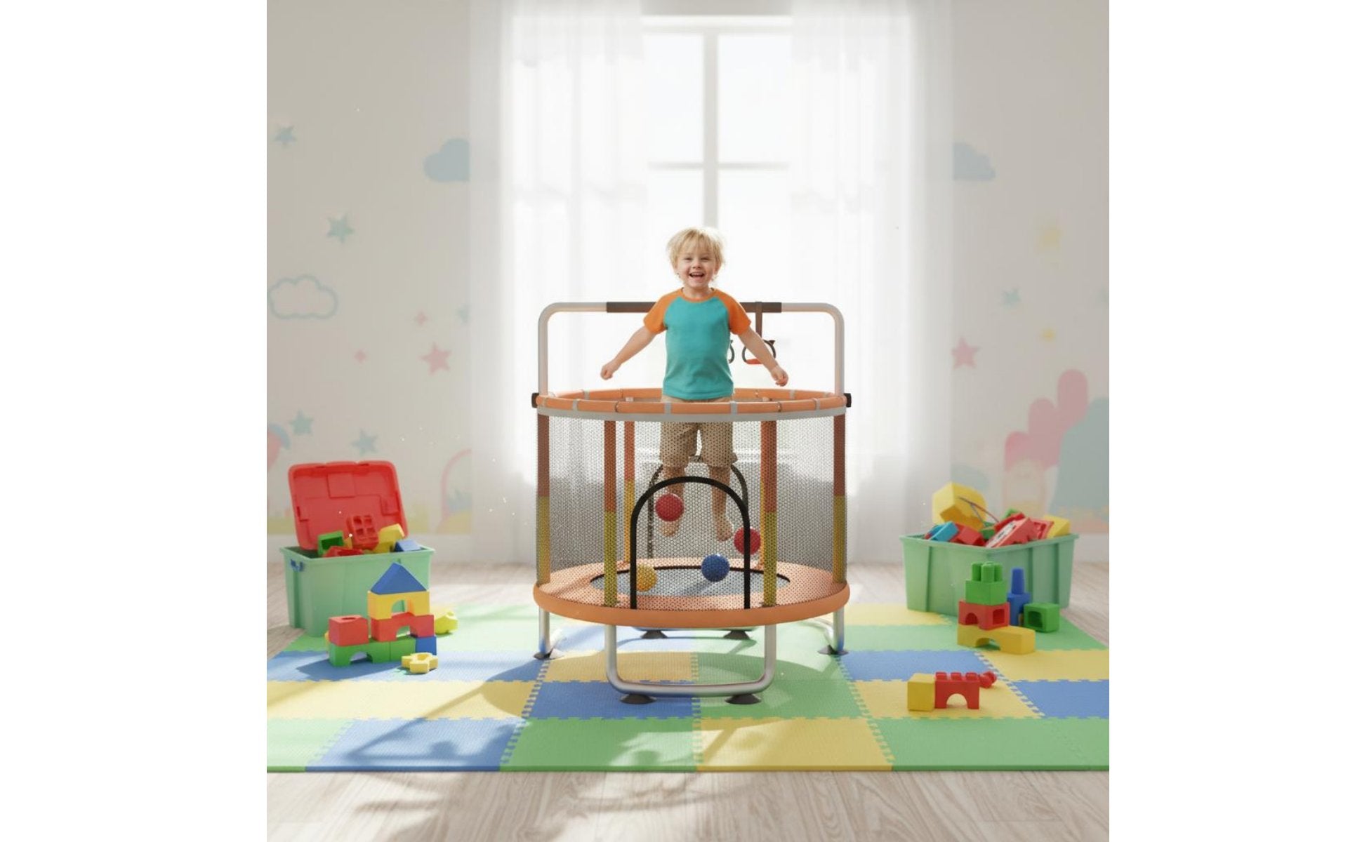 Quiet Bouncing Kids Trampoline with Safety Net Anti-Tip Stable Base Mini Trampoline with Enclosure Long-Lasting Steel Frame Small Jumping Bed with Guardrail for Toddlers, Playroom