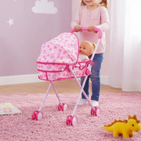 Rose-Colored Doll Carriage Metal Frame Toy Pram Curved Handle for Pretend Play